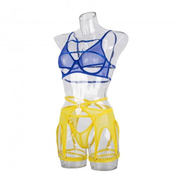 Hollow Out Female Lingerie Naked Women Erotic 5-Piece See Through Lace Garter Outfit Blue Yellow